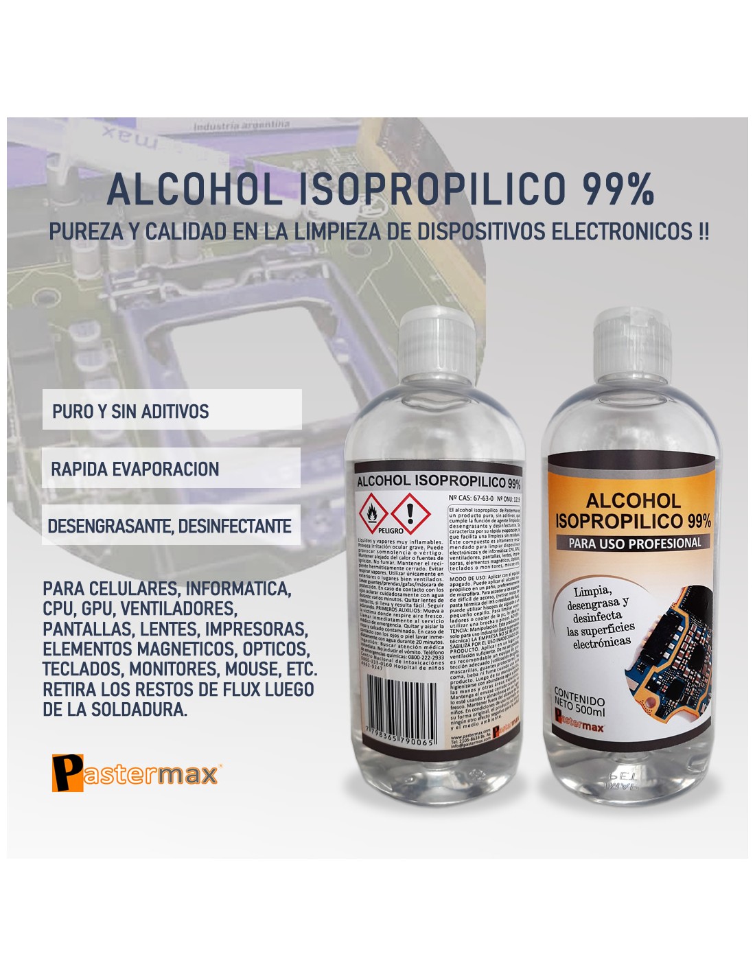 Pastermax Alcohol Isopropilico 500ml Alta Pureza 99%